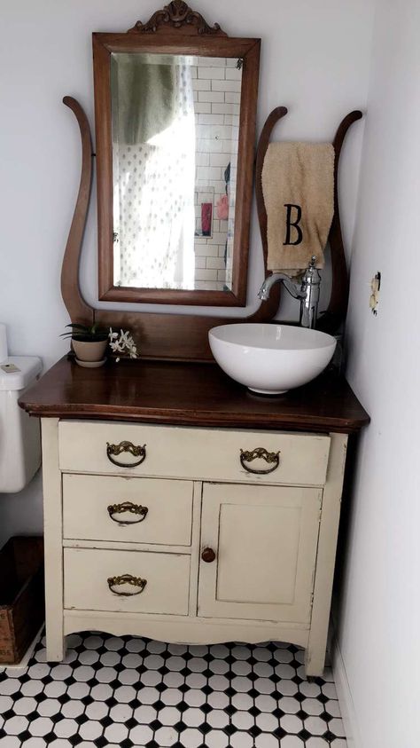 Vintage Vanity Bathroom Sink, Old Dresser Bathroom Vanity Bowl Sink, Dry Sink Vanity, Bathroom Vanity Made From Old Dresser, Dry Sink Bathroom Vanity, Antique Vanity Sink, Dresser As Bathroom Vanity, Antique Vanity Bathroom, Upcycle Vanity