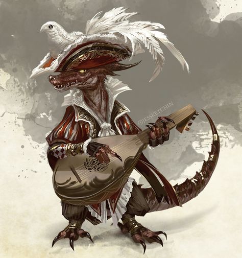 Spelljammer Characters, Kobold Bard, Bard Character Art, Dragonborn Bard, Drawing Dragons, Fun Characters, Dnd Races, Pirate Art, I Love Drawing