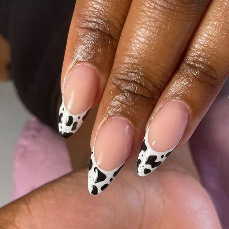 Astrid Hernandez 💓 on Instagram: "Loving a cow print 🤠 #southbendnails #almondnails #574nails #frenchnails #frenchies #frenchtipnails #acrylicnails #cowprintnails" Cowprint French Tip Nail Design, Cow Print French Nails, Almond Cow Print Nails, Cow Print French Tips, French Top, Cow Nails, Print Nails, A Cow, Coffin Nails Designs