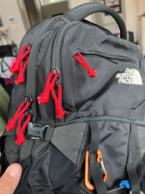 My North Face Recon is black and had black zippers. I did not like having to search for my zippers so I decided to replace the YKK handles with red paracord. No problem finding my zippers now! North Face Recon, Zipper Pulls, Everyday Carry, North Face, Duffle Bag, The North Face, Backpacks, Zipper