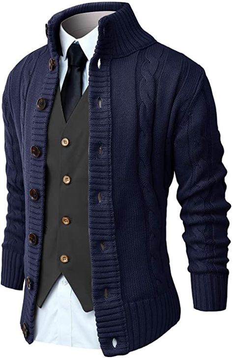 NITAGUT Mens Long Sleeve Stand Collar Cardigan Sweaters Button Down Cable Knitted Sweater，Navy Blue，Large at Amazon Men’s Clothing store Mens Knitted Cardigan, Mens Clothing Brands, Elegant Sweater, Chrismas Gifts, Cardigan Sweaters, Collar Cardigan, Versatile Outfits, Men's Knit, Men's Wardrobe