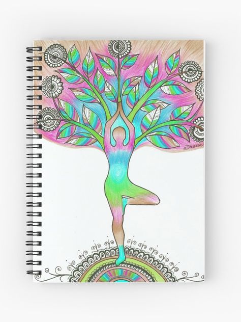 Tree pose Asana Vrkasana Yoga drawing Spiral Notebook Yoga Front Page Design, Yoga File Cover Decoration, Yoga Pose Drawing Simple, Yoga Project Cover Page, Yoga Drawing Easy, Tree Pose Drawing, Yoga Poster Drawing, Yoga Pose Drawing, Yoga Poses Drawing