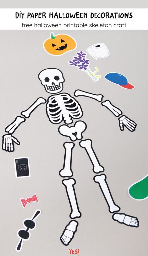 Make your own paper skeleton this Halloween! Download our paper skeleton template and make an awesome DIY paper Halloween decorations, perfect for kids! #halloweenactivitiesfortoddlers #halloweenactivities  #halloweencraftforkids #halloweencraftsdiydecorations #yeswemadethis Build A Skeleton Printable, Skeleton Template, Paper Skeleton, October Themes, Paper Halloween Decorations, Printable Halloween Masks, Diy Halloween Masks, Skeleton Craft, Halloween Activities For Toddlers