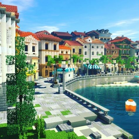 Town Center Design, Town Center Minecraft Ideas, Town Ideas Minecraft, Minecraft Italian Town, Minecraft Town Building Ideas, Italian Minecraft House, Minecraft Beach Town, Minecraft Street Ideas, Minecraft Port Town