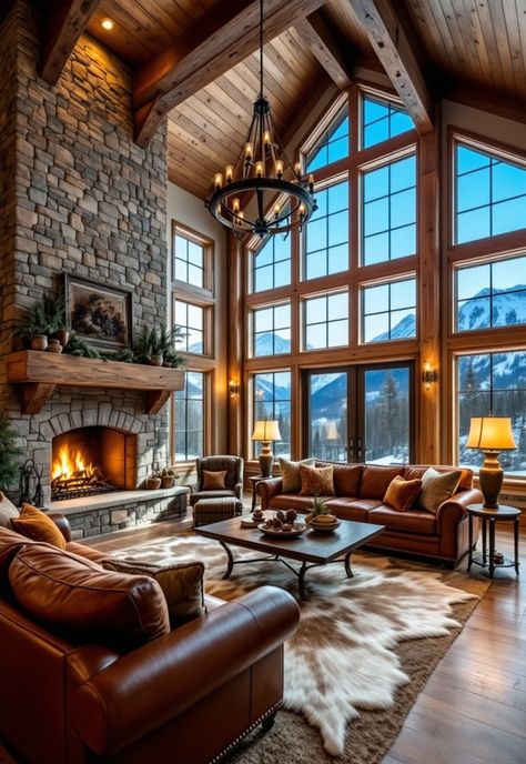 Rustic Living Room Mountain Chic Decor Living Room, Mountain Lodge Fireplace, Rustic Elegant Living Room Decor, Eclectic Mountain Home, Mountain Home Interiors Living Rooms, Log Cabin Decorating Ideas Living Room, Mountain Lodge Living Room, Rustic Mountain Homes Interior, Luxury Mountain Homes Interiors