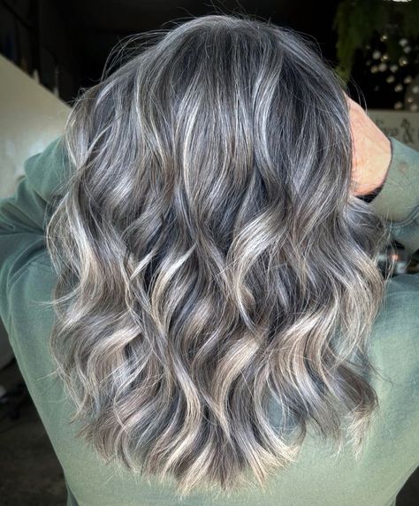 Lavender Grey Highlights, Silver Babylights, Gray Transition, Brown Hair With Silver Highlights, Grey Transition, Gray Blending, Grey Blending, Gray Balayage, Grey Blonde Hair