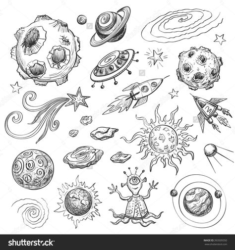 Planet Sketch, Spaceship Drawing, Planet Drawing, Drawing Black And White, Planets And Stars, Planet Tattoos, Space Drawings, White Cartoon, Theme Tattoo