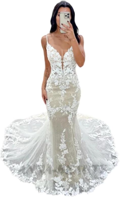 Amazon.com: Spaghetti Straps Lace Tulle Mermaid Wedding Dresses for Bride 2024 V Neck Long Bridal Gowns : Clothing, Shoes & Jewelry Amazon Wedding Dress, Wedding Gowns For Bride, Gowns For Bride, Wedding Dress For Bride, Bridal Wedding Gowns, Bride 2024, Dresses For Bride, Dress For Bride, Long Bridal Gown