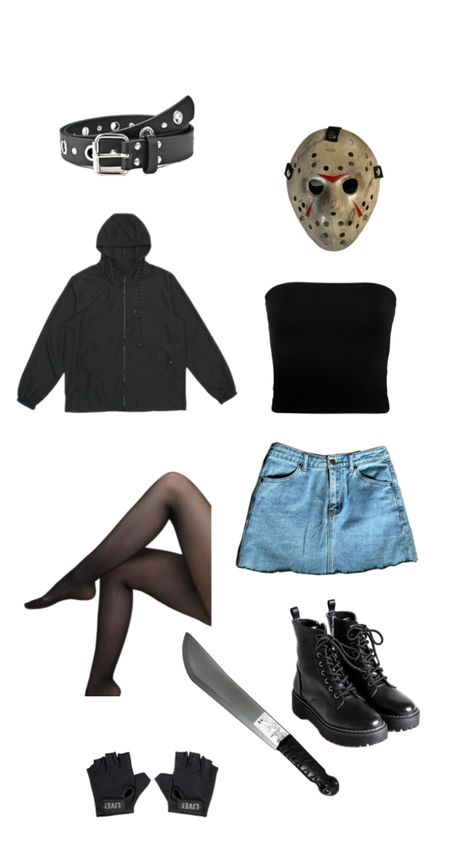 costume jason voorhees fantasia halloween feminina female idea terror Mrs Voorhees Costume, Cute Jason Costume, Jason Costume Girl, Michael Myers Girl Costume, Jason Voorhees Costume Female, Jason Makeup Halloween, Jason Voorhees Outfit, Halloween Costumes Female, Jason Halloween Costume