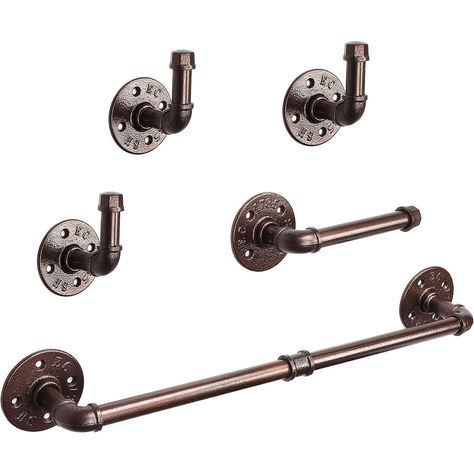 【HEAVY DUTY MATERIAL】5 Pieces industrial pipe bathroom hardware set are made of high quality iron material with strong hardness, sturdy and durable. Garden Closet, Rustic Bathroom Hardware, Industrial Bathroom Accessories, Pipe Towel Bar, Bar Toilet, Pan Storage, Copper Bathroom, Bar Rack, Vintage Industrial Style