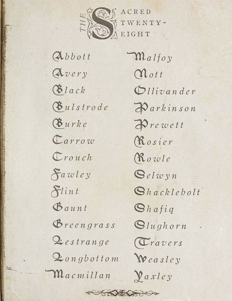 Created in the 1930s by an anonymous author (supposedly Cantankerus Nott), the directory listed the pure-blood families in Great Britain. Sacred 28, Sacred Twenty Eight, Rabastan Lestrange, Walburga Black, Maxon Schreave, Harry Potter Headcannons, Harry Potter 2, Albus Dumbledore, Hogwarts School