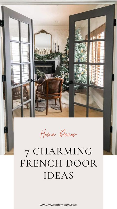 7+ Design Ideas for Farmhouse Living Rooms with French Doors Office Doors For Home, Interior French Door Ideas, French Door Ideas, Home Office With French Doors, Farmhouse French Doors, Kitchen French Doors, Chic Living Room Ideas, Office French Doors, French Doors Living Room