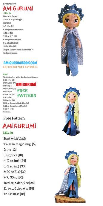 Frozen Princess Elsa Amigurumi Free Pattern - Amigurumibook.com Crochet Frozen Patterns, Disney Crochet, Anna Und Elsa, Doll Amigurumi Free Pattern, Free Amigurumi Crochet Patterns, Disney Crochet Patterns, Elsa Doll, Crochet Princess, Doll Patterns Free