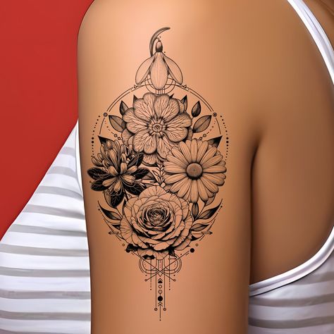 Rose, Honeysuckle, Primrose, Daisy, Snowdrop Family Tattoo - Birth flower Tattoo,  on ArtStation at https://www.artstation.com/artwork/6NlARV Peace Sign And Flowers Tattoo, Birth Flower Tattoos With Dates, Bouquet Tattoos, Birth Flower Bouquet Tattoo, Flower Bouquet Tattoo, Birth Flower Bouquet, Flower Tattoo Back, Bouquet Tattoo, Tattoo Flowers