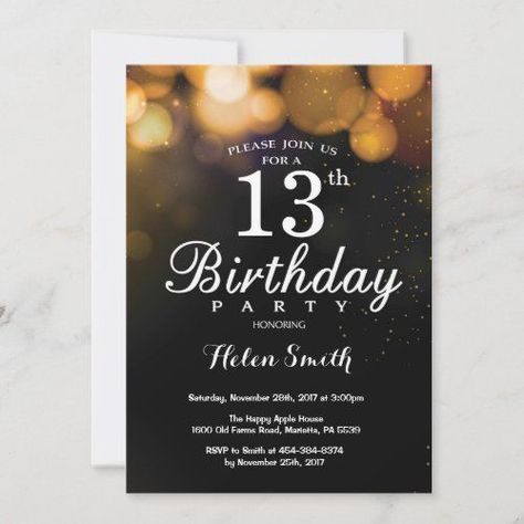 $2.35 | Gold Glitter 13th Birthday Invitation Card #goldglitter #elegant #blackandgold #birthdayparty #bokehglitzblingsparklingmilestone #sparkleglamglamourshimmershining #kidsbirthday #forgirlboyladyteen #13thbirthday #thirteenththirteenbirthday Golden Bday, Surprise 30th Birthday, 13th Birthday Invitations, 90th Birthday Invitations, Surprise Birthday Invitations, 70th Birthday Invitations, 80th Birthday Invitations, Birthday Invitation Card, 16th Birthday Invitations