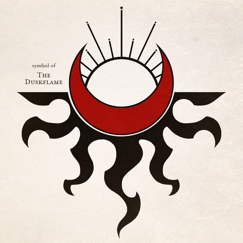 Small text reads "symbol of the duskflame". There is an image of a sun sinking into a dark, blood red moon that radiates fiery black shadows Dnd God Symbols, Dark Souls Symbols, Wizard Symbols, Fantasy Heraldry, Fantasy Symbols, Clan Symbols, Medieval Props, Character Symbols, Evil Villains