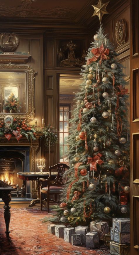 Victorian Christmas Paintings, Victorian Christmas Pictures, Victorian Christmas Aesthetic Wallpaper, Vintage Christmas Images Victorian, Victorian Christmas Aesthetic, Old Christmas Aesthetic, Old Fashion Christmas Decorating Ideas, Christmas Academia, Dickensian Christmas