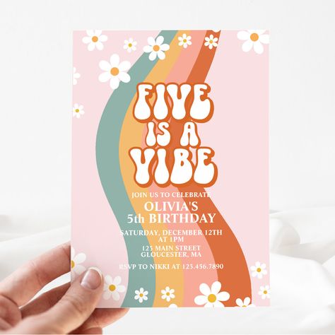 Groovy Five is a Vibe daisy rainbow 5th birthday I Invitation - retro party invitations Five Is A Vibe, 98th Birthday, Rainbow Daisy, Boho Fonts, Rainbow Birthday Invitations, Retro Birthday, Flower Invitation, Boho Girl, Retro Rainbow