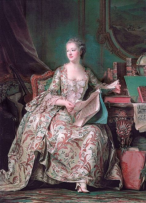 The Marquise de Pompadour is portrayed reading sheet music while wearing an opulent dress in this well-known 1755 de Latour work. Madame Pompadour, Doctor Who Fan Art, 18th Century Fashion, Floral Gown, Frou Frou, Louvre Museum, Roaring Twenties, The Clash, Pompadour