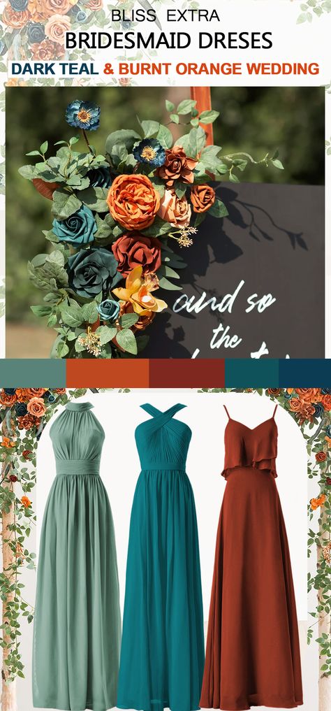 Rusty Orange And Teal Wedding, Teal And Orange Boho Wedding, Teal Green And Orange Wedding, Teal And Copper Bridesmaid Dresses, Dark Teal And Burnt Orange Wedding Theme, Dark Teal And Rust Orange Bridesmaid Dresses, Teal And Orange Bridesmaid Dresses, Terracotta And Dark Teal Wedding, Bridesmaid Dresses Dark Teal