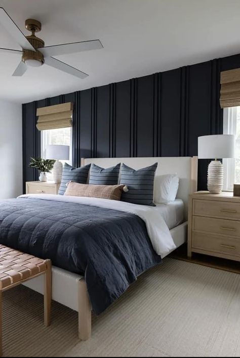 Navy Accent Wall Bedroom, Dark Blue Accent Wall Bedroom, Accent Wall Bedroom Ideas, Navy Accent Wall, Wall Bedroom Ideas, Navy Accent Walls, Bedroom Walls, Accent Wall Bedroom, Wall Bedroom