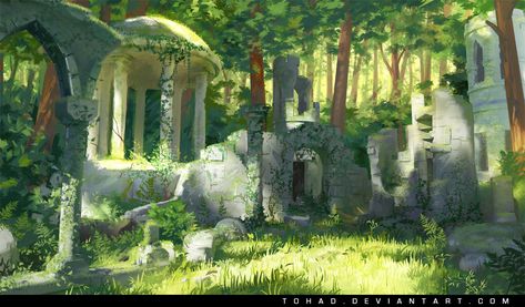 Forest ruins, Sylvain Sarrailh on ArtStation at https://www.artstation.com/artwork/Nxxob Forest Ruins, Ruins Architecture, Ruined City, Fantasy Forest, Fantasy Setting, Fantasy Places, Fantasy Art Landscapes, Fantasy Concept Art, Environment Design