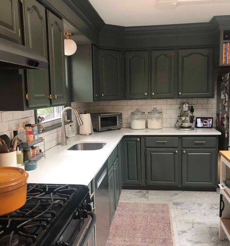 The EHD-Inspired Rooms We Couldn't Wait to Share... Seriously They Are SO GOOD - Emily Henderson Stone Backsplash Kitchen, Green Backsplash, Faux Brick Panels, Green Kitchen Cabinets, Brick Backsplash, Stone Backsplash, Emily Henderson, Green Cabinets, Kitchen Farmhouse