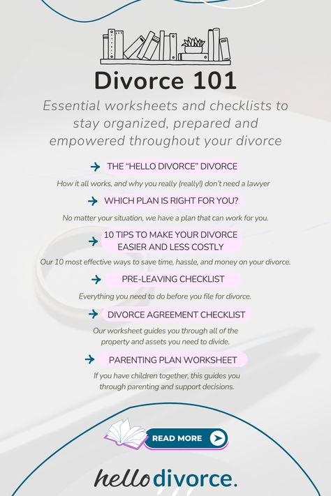 This comprehensive download compiles all the worksheets, plans, and checklists you need to organize yourself before, during, and after your divorce. Hello Divorce helps make this process as easy and affordable as possible. Use this download to help you plan, and reach out to us to schedule a free intro call, or select one of our less-stress divorce plans. https://hellodivorce.com/ready-for-divorce/divorce-101 Divorce Planner, Divorce Checklist, Document Checklist, Divorce Forms, Divorce Agreement, Legal Separation, Divorce Support, Divorce Mediation, Divorce Help