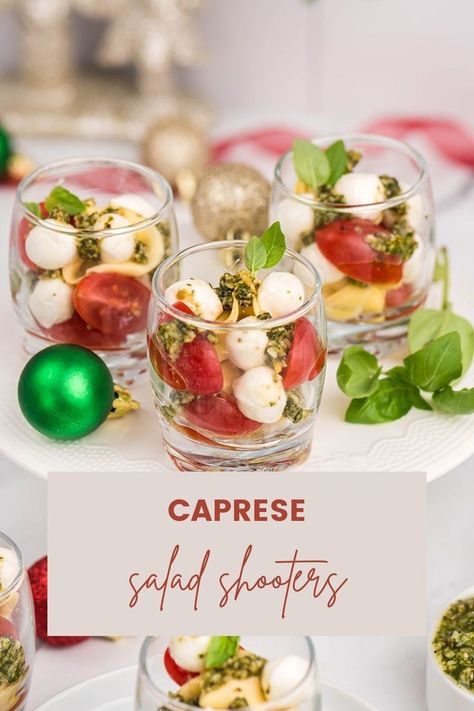 Make your holidays more fun with these Caprese Salad Shooters! The perfect side dish or appetizer for your next gathering, these bite-sized treats are sure to be a hit with family and friends! Packed with juicy tomatoes, fresh mozzarella, and a zesty balsamic glaze, these Caprese Salad Shooters are the perfect way to add a little extra fun to your holiday celebrations! #capresesaladshooters #sideorappetizer #holidaysnacks Cesar Salad Cups For Party, Caprese Salad Cups, Individual Caprese Salad Cups, Caprese Cups, Mini Salads, Caprese Salad Appetizer, Caprese Appetizer, Salad Shooter, Individual Appetizers