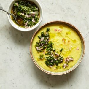 Samin Nosrat’s Californian classic – recipes | Four Favourite recipes | Food | The Guardian Soup With Salsa, Goddess Salad Dressing, Salt Fat Acid Heat, Sweetcorn Soup, Samin Nosrat, Green Goddess Salad Dressing, Green Goddess Salad, Grilled Artichoke, Sweet Corn Soup