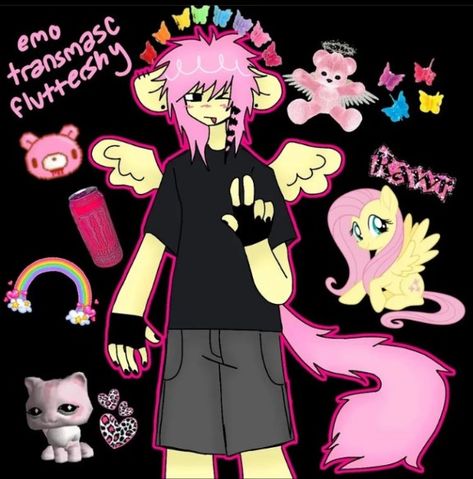 Fluttershy Transmasc, Fluttershy Scenecore, Mlp Emo Fluttershy, Trans Masc Fluttershy, Transmasc Fluttershy, Trans Fluttershy, Trans Fluttershy Fanart, Trans Trixie Mlp, Scene Kid Art