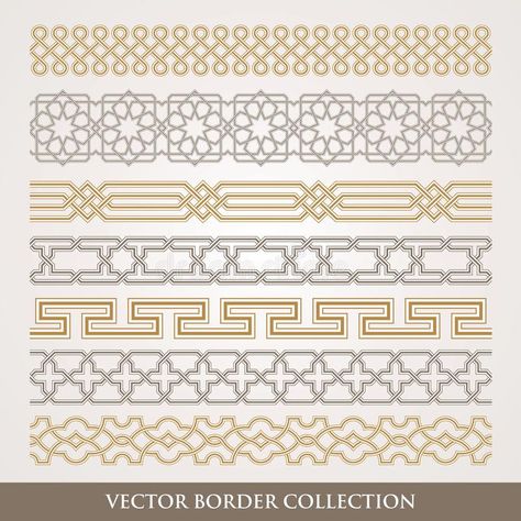 Islamic Seamless Geometric Border Set Stock Vector - Illustration of arabesque, gold: 108018574 Geometrical Border Design, Simple Islamic Motifs, Islamic Art Pattern Arabesque, Islamic Border Design Frames, Islamic Motifs Design, Islamic Patterns Vector, Geometric Border Design, Islamic Patterns Geometric, Arabic Pattern Design