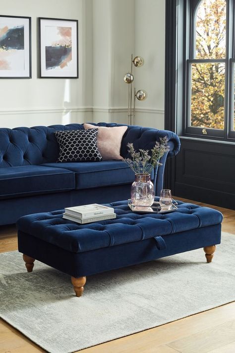 Ashford Large Buttoned Footstool with Storage in Navy Blue Velvet Blue Sofa Decor, Navy Sofa Living Room, Blue Velvet Sofa Living Room, Living Room Colour Schemes, Blue Sofas Living Room, Velvet Sofa Living Room, Large Footstools, Navy Living Rooms, Navy Blue Living Room