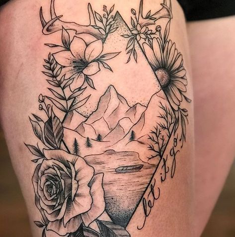 Feb 11, 2022 - This Pin was discovered by Aubree VanderWoude. Discover (and save!) your own Pins on Pinterest Moutain Tattoos Thigh, Mountains And Nature Tattoo, Mountain Sunflower Tattoo, Mountain Thigh Tattoo Women, Moutain Tattoos For Women, Mountain Sleeve Tattoo Women, Mountain And Flower Tattoo, Outdoors Tattoos For Women, Rustic Tattoos For Women