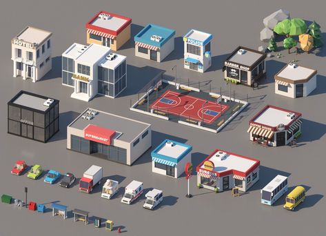 Low Poly City, Low Poly Car, Cartoon Building, Low Poly Games, Minecraft City, City Cartoon, Isometric Art, City Model, Isometric Design