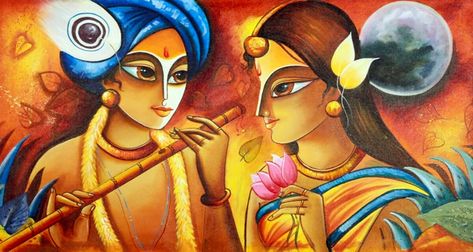 In the West, ‘soulmate’ typically means ‘your other half’ or ‘your missing piece’. This follows Plato’s theory that there is a perfect half that you’re... Mordan Art, Krishna With Flute, Radha And Krishna, Modern Indian Art, Horizontal Painting, Buy Paintings Online, Modern Art Canvas Painting, Radha Painting, Religious Paintings