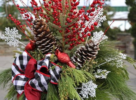 Spruce Tip Pots, Red Dogwood, Spruce Tips, Dogwood Branches, Winter Planter, Buffalo Plaid Ribbon, Christmas Pots, Birch Branches, Willow Branches