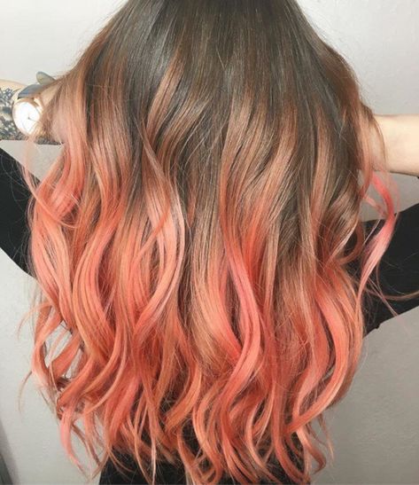 Long Hairstyles For Summer, Coral Hair Color, Coral Hair, Hairstyles For Summer, Coral Ombre, Dip Dye Hair, Hair Diffuser, Creative Hair Color, Peach Hair