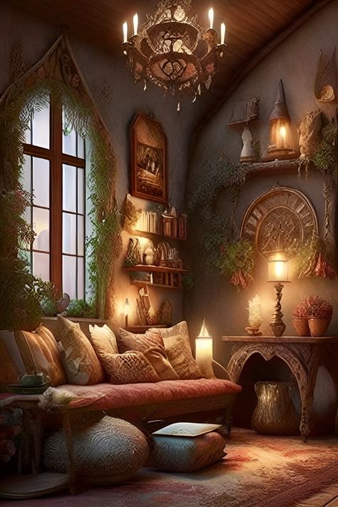 Fantasy Cottage Interior Concept Art, Fairy Tale Cottage Interior, Fantasy Interior Design, Fantasy Cottage Interior, Fantasy Living Room, Fantasy Room Decor, Fantasy Treehouse, Fantasy Interior, Design Bedroom Wall