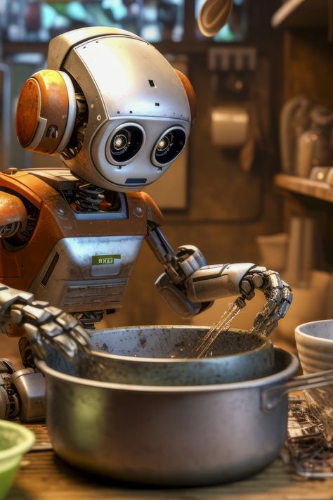 funny cute robot cooking food Security Robot, Making Snacks, Cute Robot, Snacks And Desserts, One Note Microsoft, Cooking Lunch, Chef Gifts, Robots Concept, Robot Concept Art