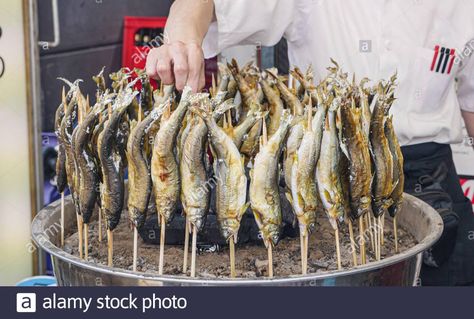 Traditional Japanese grilled fish skewers at Tsukiji Fish Market. Stock Photo Japanese Grilled Fish, Fish Skewers, Tsukiji Fish Market, Japan Summer, Japanese Fish, Tsukiji, Fish Market, Grilled Fish, Beautiful Food