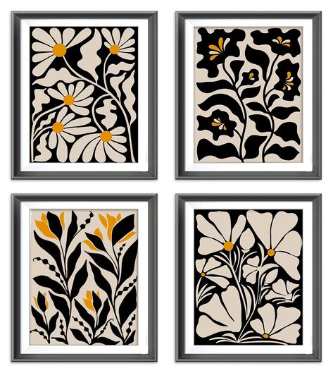 PRICES MAY VARY. 👍◆Introducing our Boho Black Flowers Plant Poster set, the perfect addition to any home decor. With a trendy vintage black floral botanical design, these canvas wall art prints will instantly elevate the style of your living room or bedroom. 👍◆Featuring a minimalist modern aesthetic, these black and white flower prints are not only visually appealing but also versatile, complementing a range of interior design themes. Their monochromatic color palette allows them to blend seam Black Living Room Accents, Bohemian Flowers Drawing, Home Office Taupe, Black And White Folk Art, Black And White Boho Office, Monochromatic Wall Art, Green And Black Office Decor, Black And White Bathroom Decor Wall Art, Set Of 4 Canvas Painting Ideas