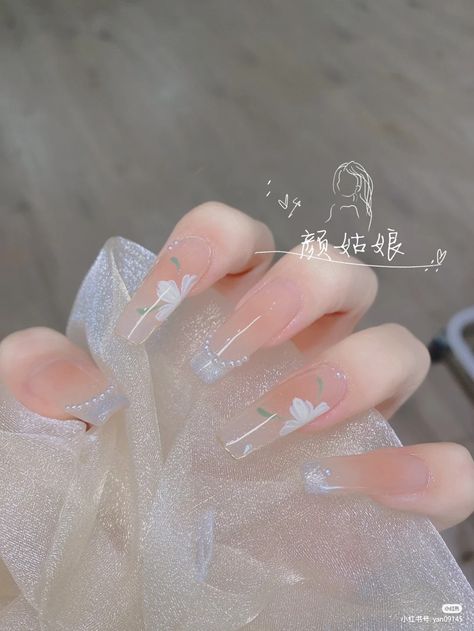 White Korean Nails, Emerald Nails, Hard Gel Nails, Asian Nails, Hello Nails, Blush Nails, Pretty Gel Nails, Really Cute Nails, Glass Nails