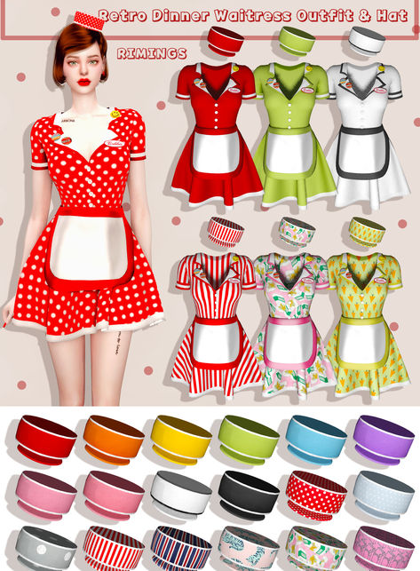 Snag this alpha-style waitress CC and get your female sims dolled up for work. It comes with dozens of color swatches for both the outfit and the waitress hat. Sims 4 Barista Outfit Cc, Sims 4 Barista Outfit, Sims 4 Cc Apron Accessory, Sims 4 Cc Nurse Outfit, Sims4 Appliances, Sims 4 Restaurant Uniform Cc, Sims 4 Waiter Outfit Cc, Sims 4 Waitress Outfit, Diner Waitress Aesthetic