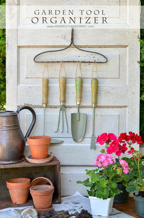 Organizing Garden Tools with a Repurposed Rake | www.andersonandgrant.com Repurposed Tools, Repurposed Metal, Garden Tools Diy, Rake Head, Garden Tool Rack, Best Garden Tools, Garden Tool Organization, Yard Tools, Tool Storage Diy