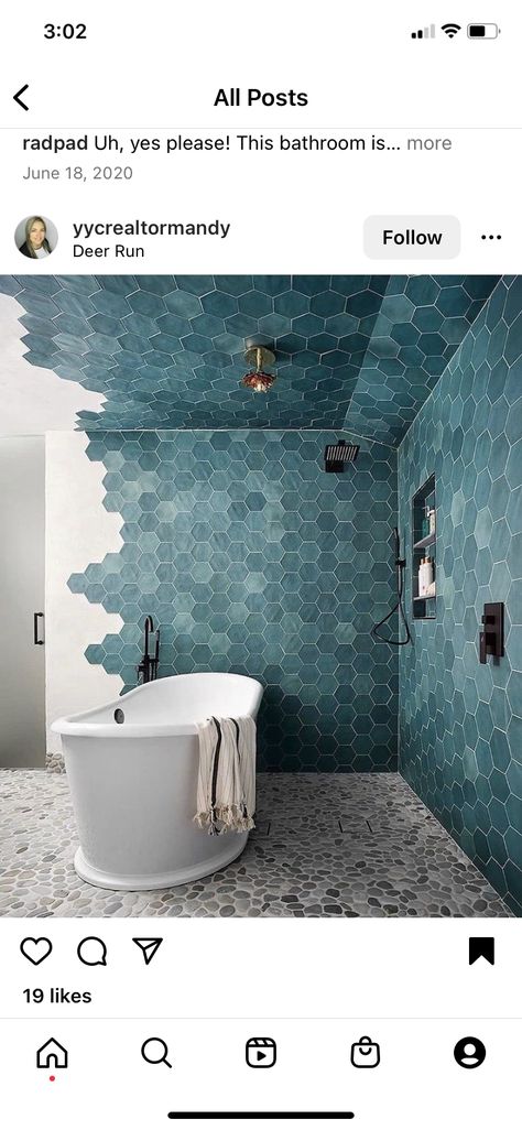 Blue Hexagon Tile Bathroom, Blue Hexagon Tile, Restroom Tile, Washroom Tiles, Hexagon Tile Bathroom, Joanna Gaines Decor, Hexagon Floor, Blue Bathroom Tile, Turquoise Tile