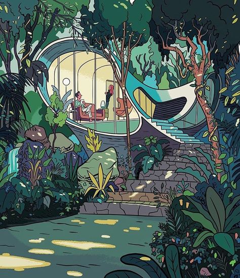 Retro future tropical house - Illustration inspiration #illustration Painting Over Paintings, Perspective Architecture, Solar City, Solar Punk, Casa Anime, ポップアート ポスター, Ligne Claire, House Illustration, Tropical House