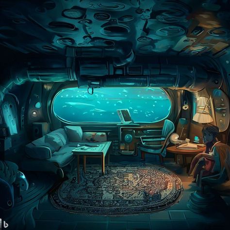 Fantasy Ship Interior, Dark Nautical Aesthetic Room, Submarine Bedroom, Sci Fi Submarine, Underwater Bed, Steampunk Ocean, Submarine Interior, Dark Nautical Aesthetic, Cyberpunk House