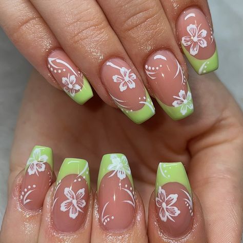 french tips and hibiscus flowers 🌺💚 acrylic fill w/ nail art done on @kaylatufenkdjian <3 @vbeautypure - glamorous nude @dndgel - dnd 997 corduroy cactus - dnd 056 white chalk #hibiscus #hibiscusflower #hibiscusflowers #hibiscusflowernails #flowernails #hawaiinails #hawaiiflowers #greennails #greennailart #vacationnails #valentinobeautypure #vbp #vbeautypure #dndgel #dndgelpolish #dndgelcolors #ontario #nailpromagazine #nailsmagazine #nailitdaily #nailitmedia French Tip With Hawaiian Flower, Green Hibiscus Nails, Hibiscus Flower Nail Art, Hibiscus Flower Nails, Lilly Nails, Jade Aesthetic, Brows Waxing, Hibiscus Nail Art, Hibiscus Nails