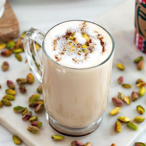 Pistachio Latte {Starbucks Copycat} - We are not Martha Pistachio Syrup Recipe, Starbucks Pistachio Latte, Apple Crisp Oatmilk Macchiato, Apple Brown Sugar Syrup, Fall Iced Coffee, Pistachio Coffee, Pistachio Latte, Pistachio Syrup, Macchiato Recipe